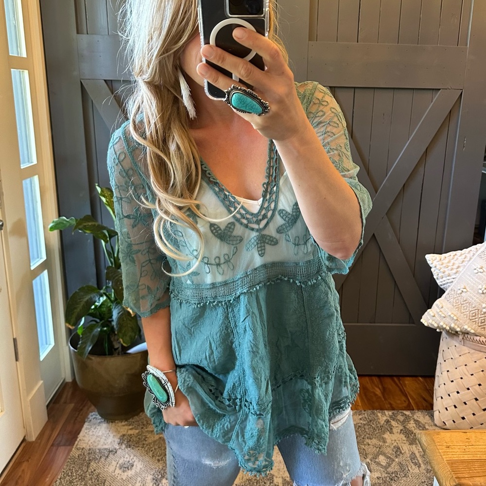 New Teal Lace Crochet Boho Folk Tunic Blouse Top Cover-Up Womens Turquoise